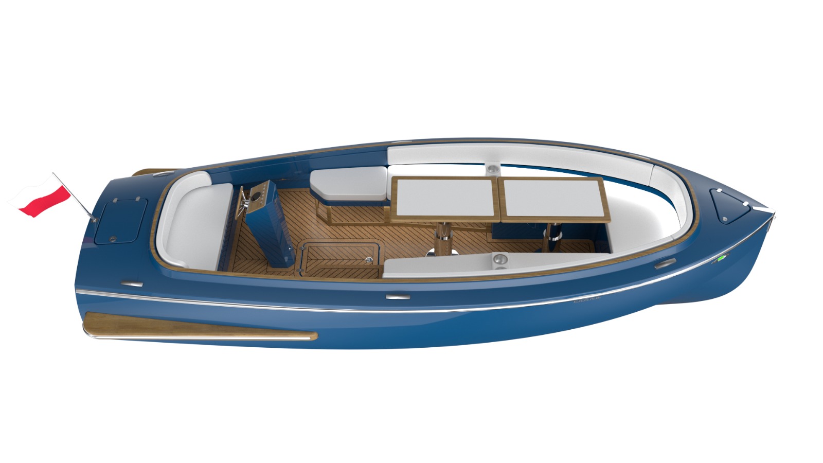 Electric picnic boat, day cruiser CANNA Unity in blue color