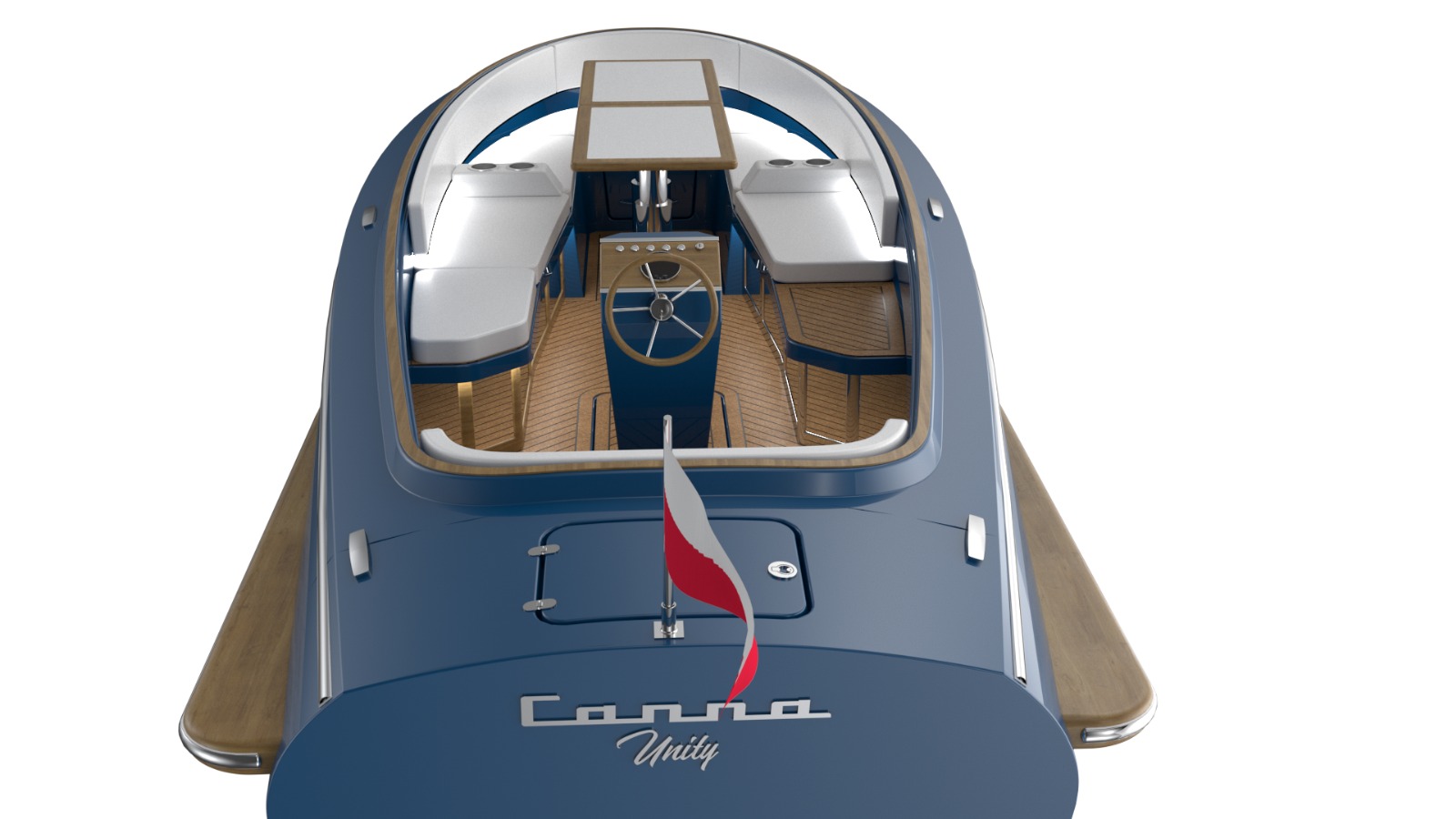 Electric picnic boat, day cruiser CANNA Unity in blue color
