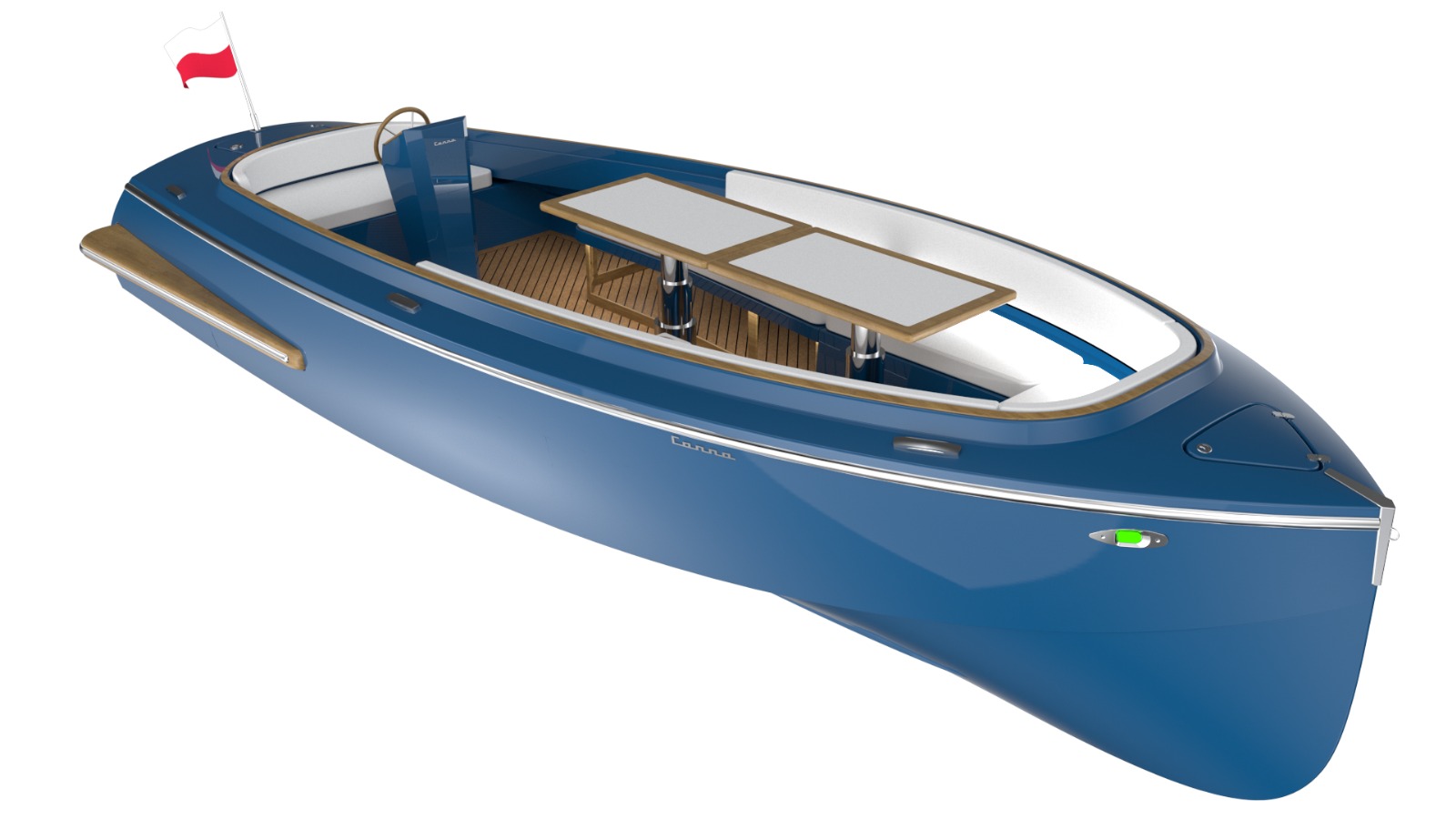 Electric picnic boat, day cruiser CANNA Unity in blue color