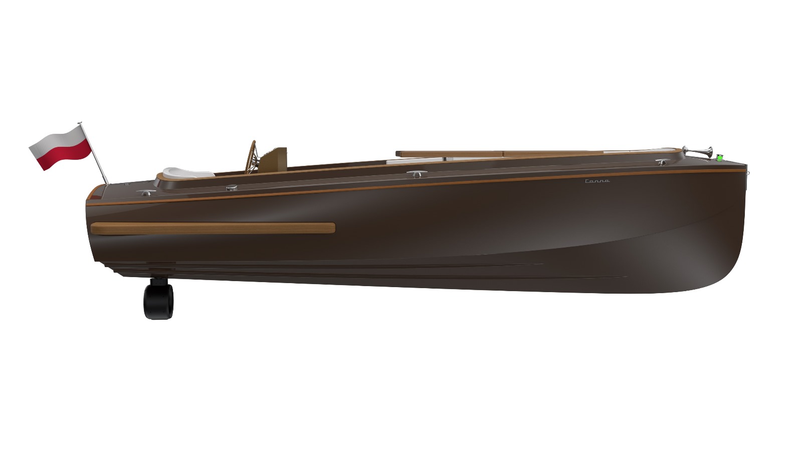 Electric picnic boat, day cruiser CANNA Unity in brown color