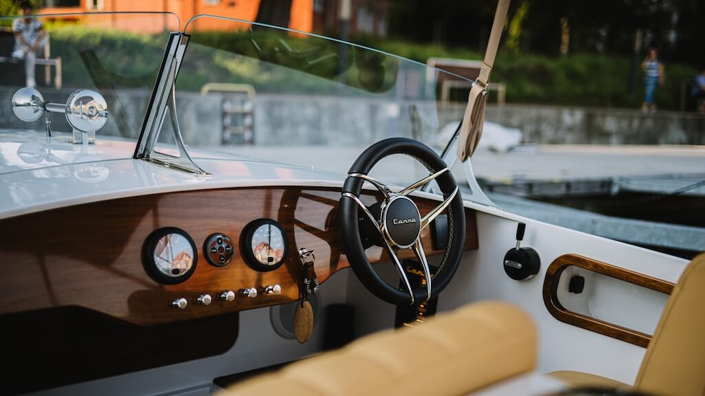 wooden dashboard in electric boat