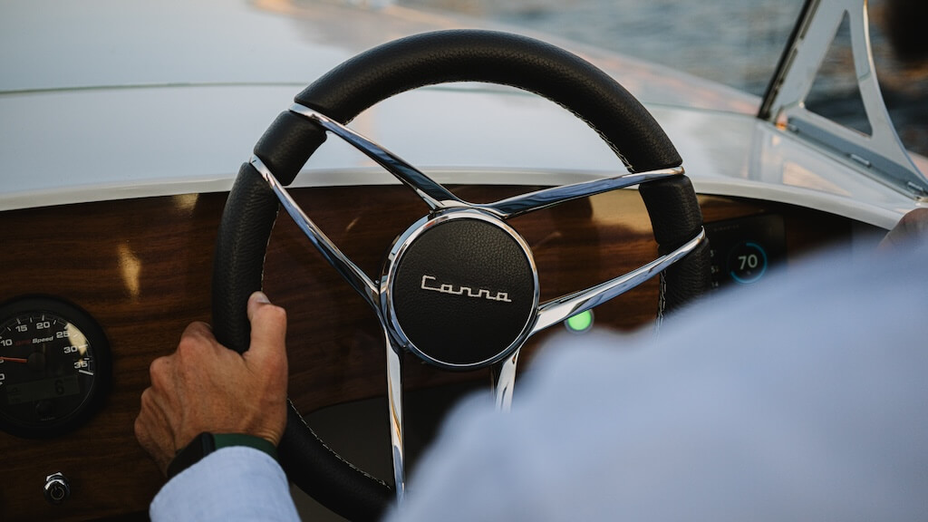electric boat, canna one, canna boats, leather steering wheel