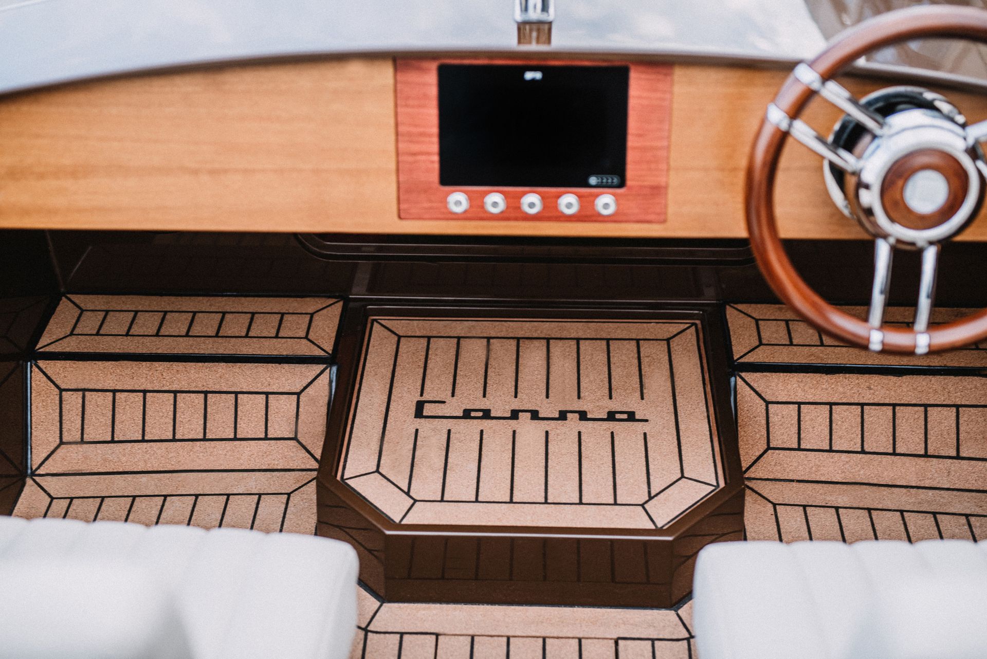 Cork flooring in CANNA One, electric boat